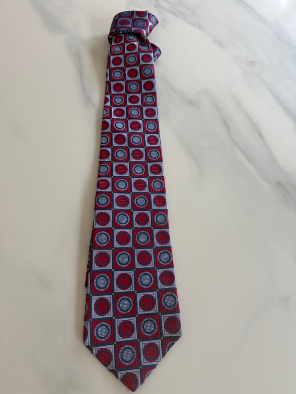 Men's XMI Platinum Red and Blue Geometric Silk Tie